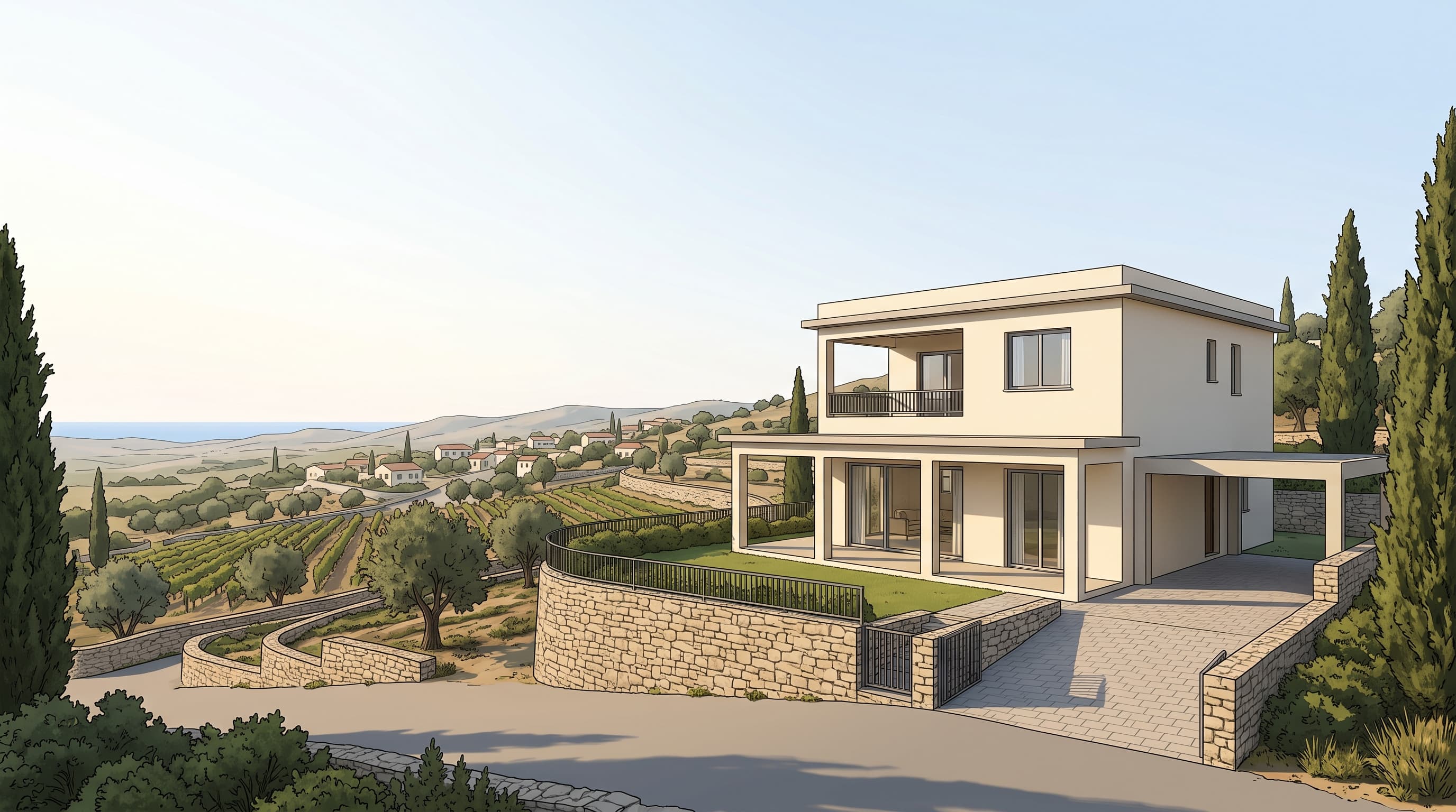 Visualisation of one finished two storey house on its own fenced plot on a hillside above a Paphos District village, with garden, carport, covered veranda and first floor balcony