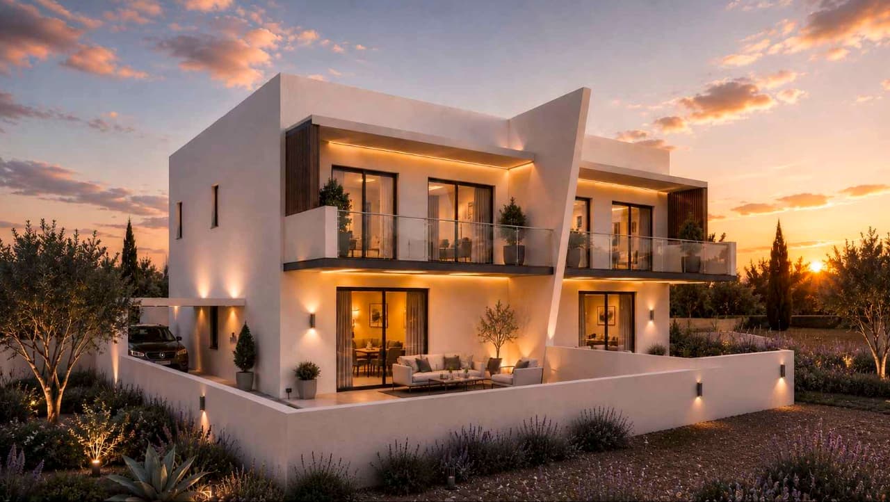 Visualisierung des Doppelhauses von ConstruX Developments auf seinem Hanggrundstück in Stroumbi, Bezirk Paphos