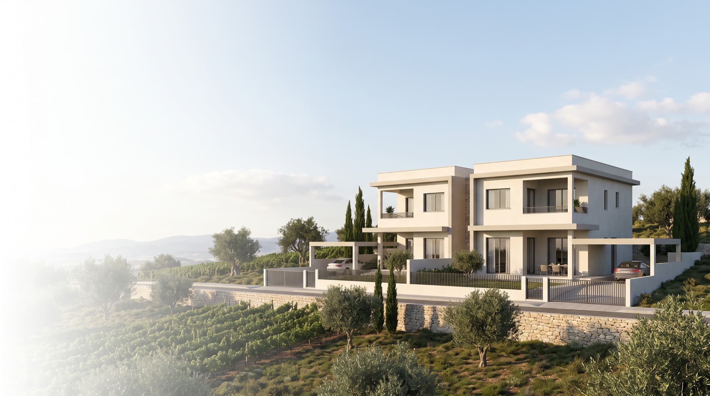 Visualisierung des Doppelhauses von ConstruX Developments auf seinem Hanggrundstück in Stroumbi, Bezirk Paphos