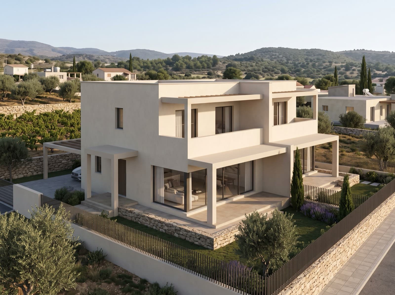 Visualisierung einer Hälfte des Doppelhauses in Stroumbi mit 3 Schlafzimmern, mit überdachter Veranda, Balkon und Carport