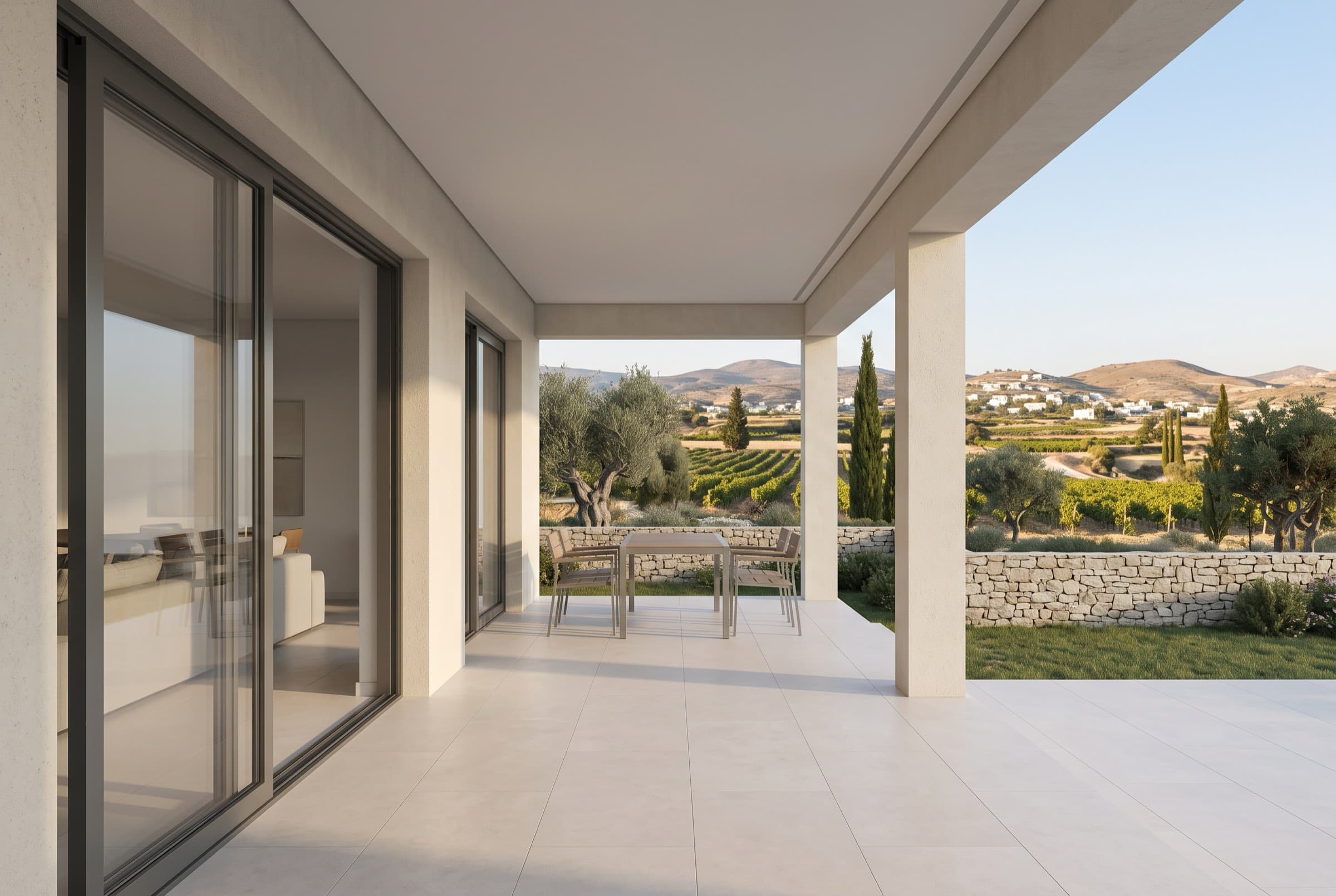 Visualisation from under the 20 square metre covered veranda, looking across the private garden to vineyards and hills