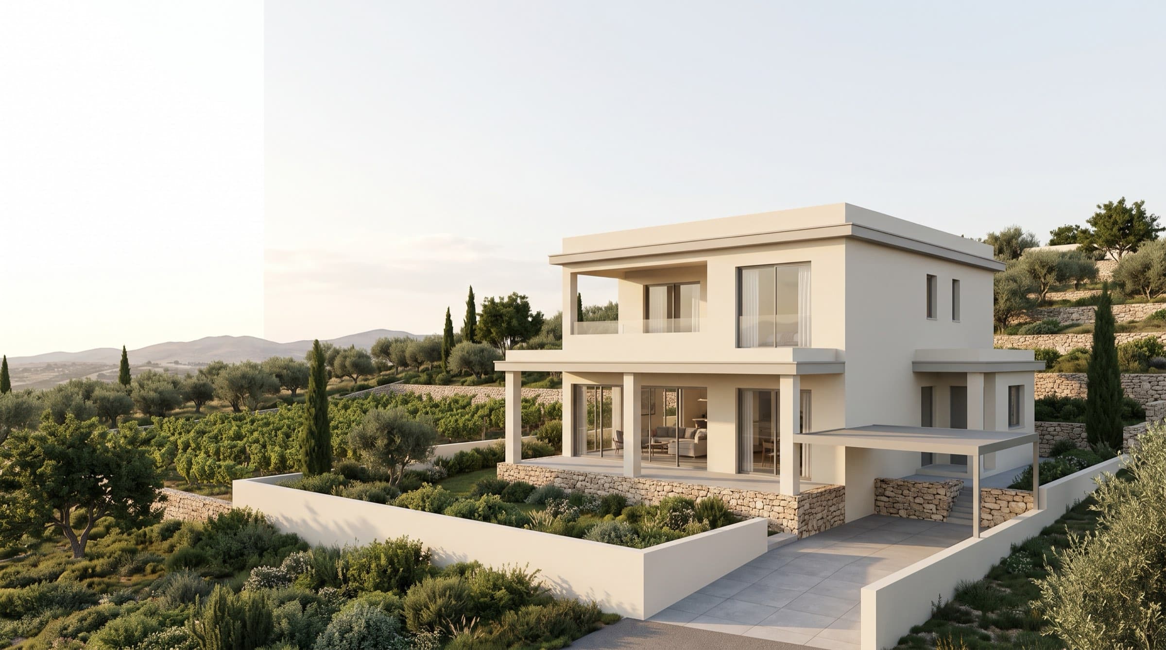 Visualisation of the three bedroom Stroumbi house: covered veranda, first floor balcony, carport and fenced private garden
