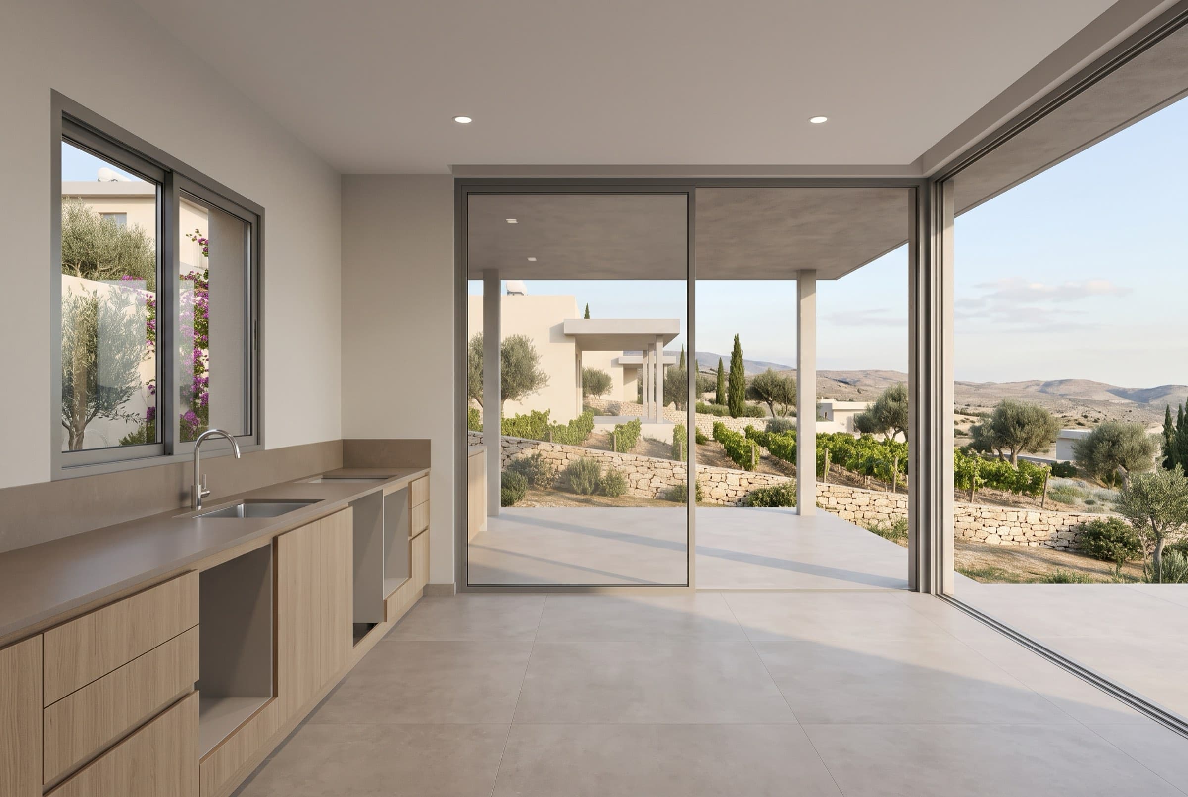 Visualisation of the kitchen as delivered: fitted furniture, worktop and sink, with empty provisions where the optional appliances go