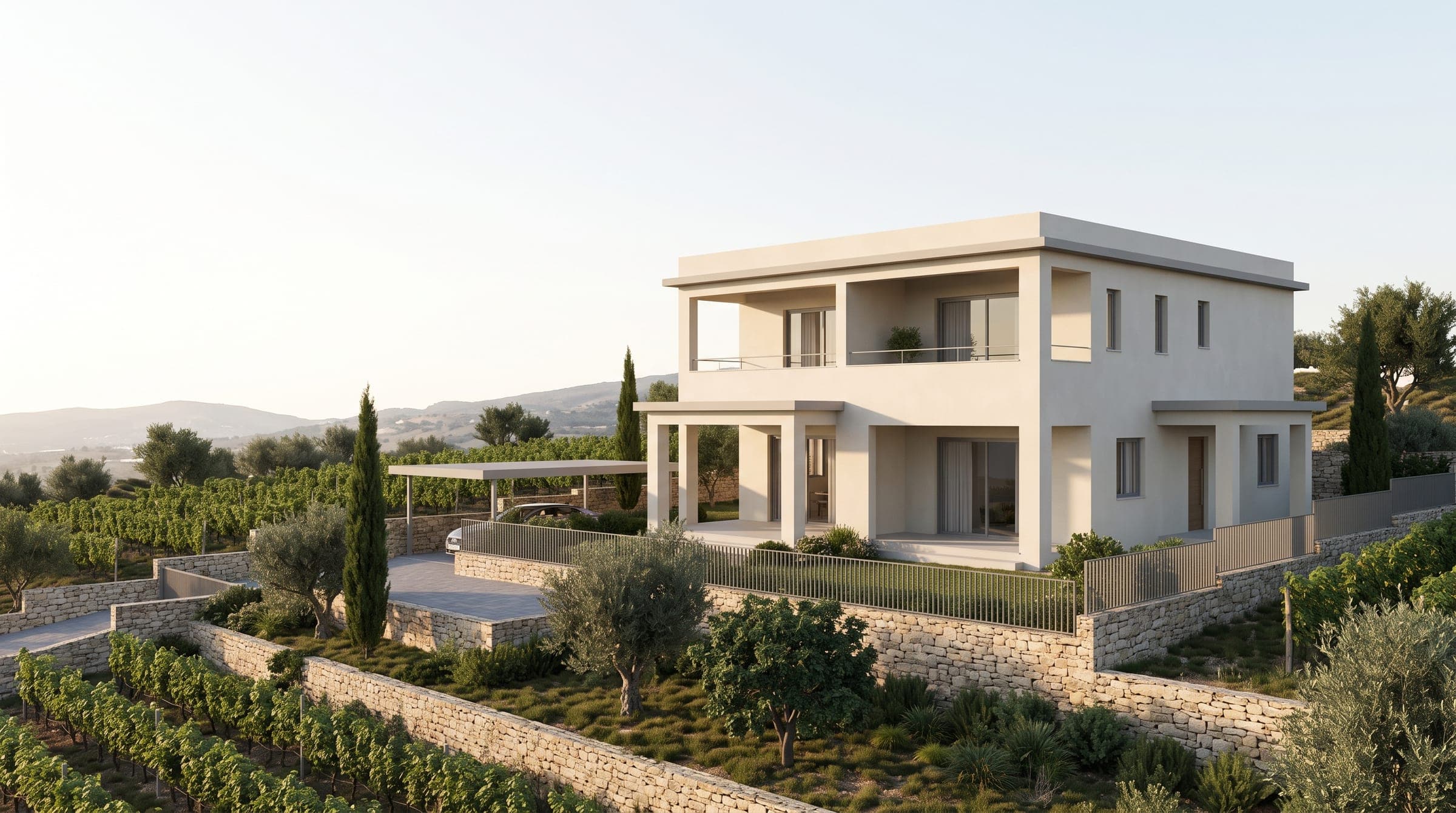Visualisierung einer Hälfte des Doppelhauses in Stroumbi auf eigenem eingezäuntem Grundstück, mit Garten, Carport, überdachter Veranda und Balkon im Obergeschoss