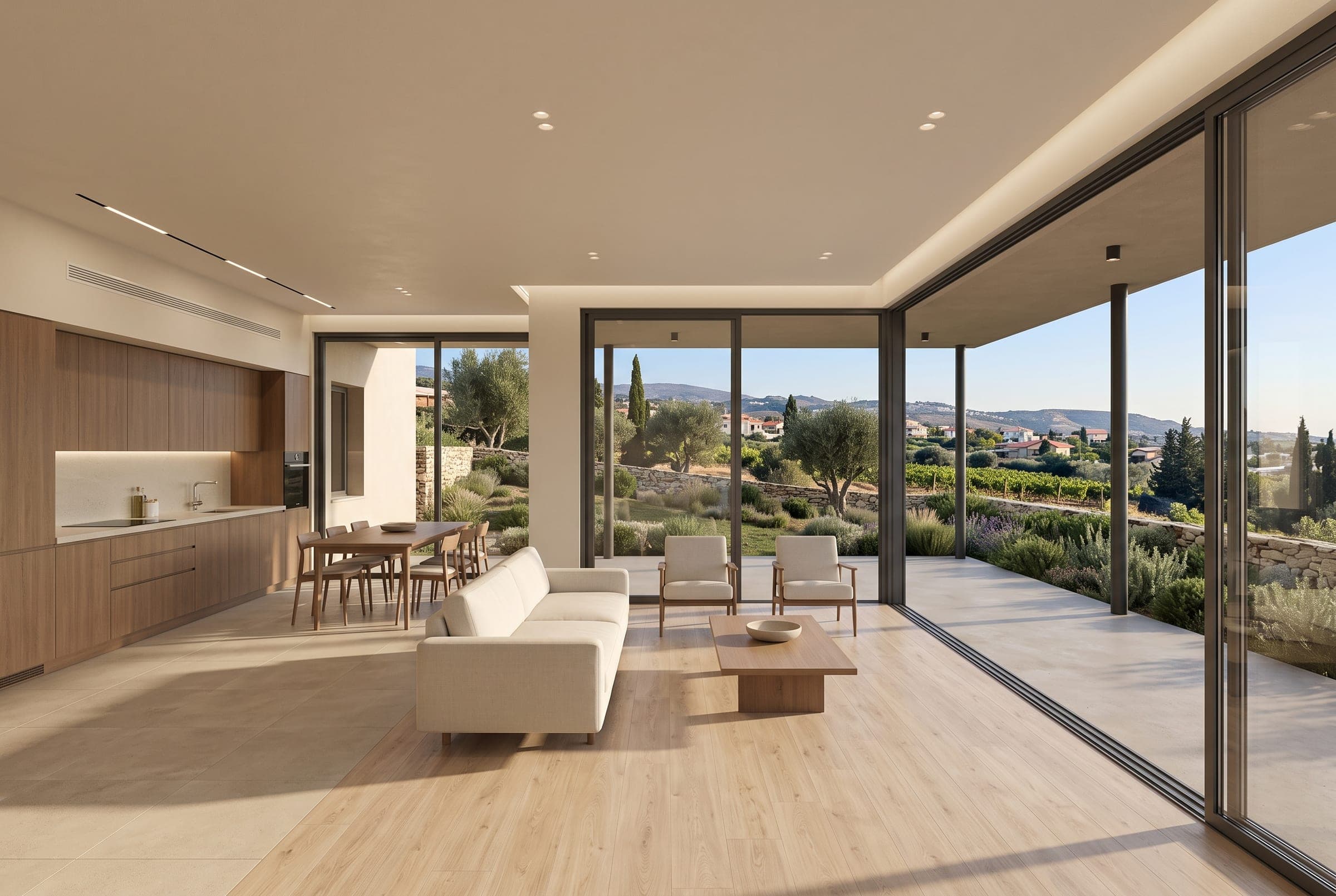 Visualisation of the open plan ground floor living, dining and kitchen space opening onto the covered veranda