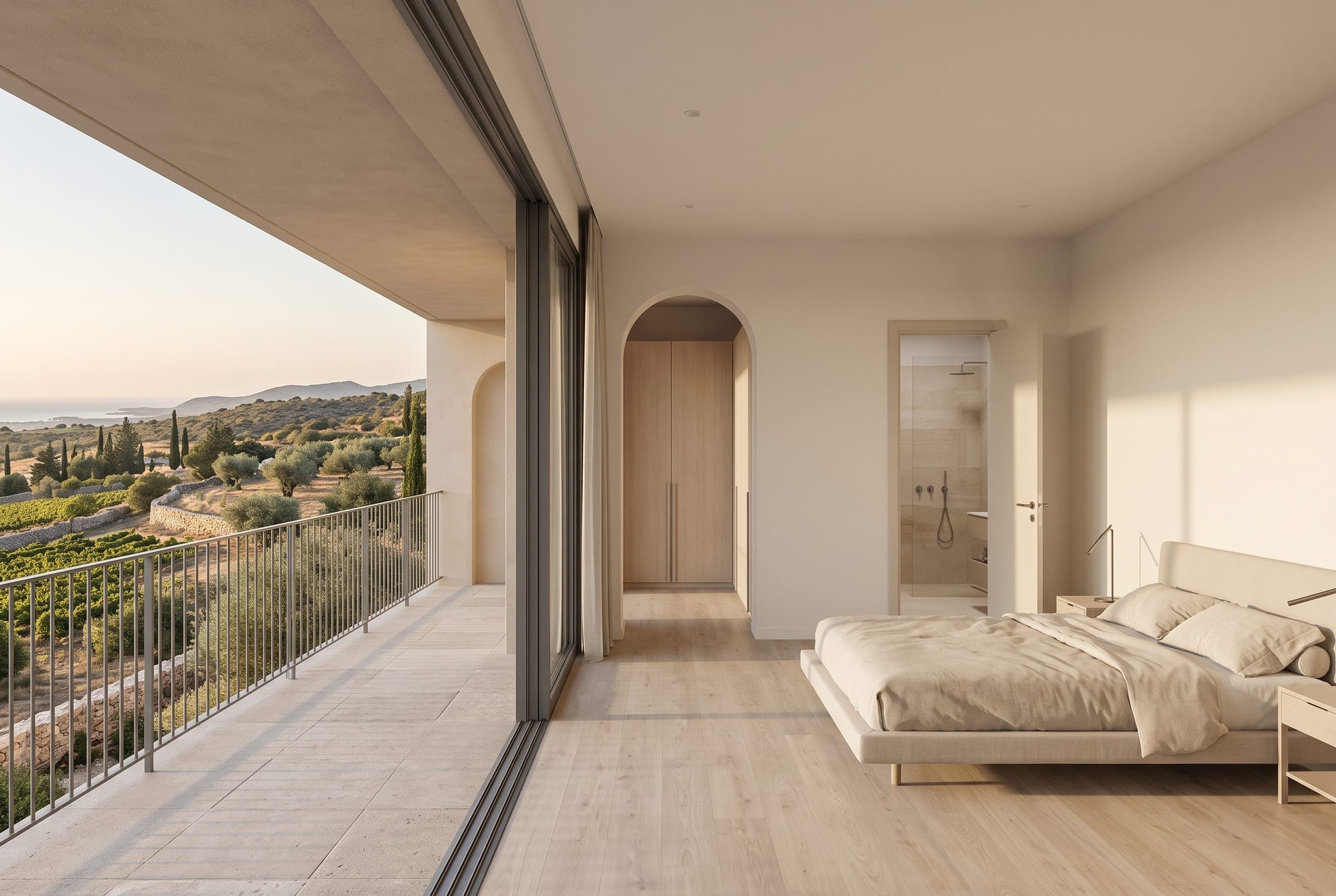 Visualisation of the first floor master bedroom with en suite, walk in dressing room and covered balcony