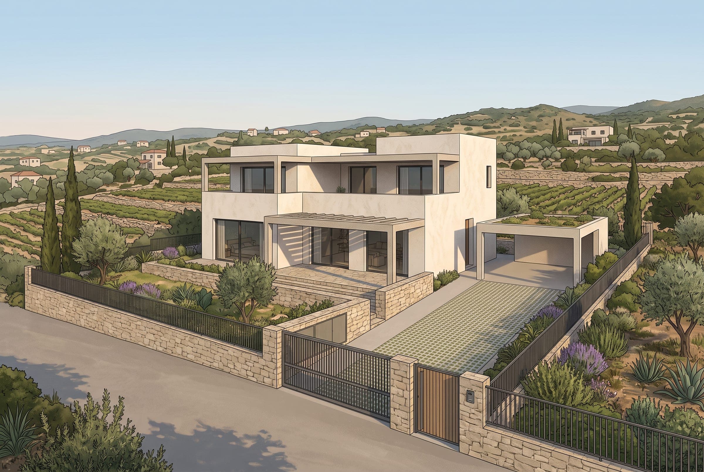 Visualisation of the fenced plot boundary, private garden, gated entrance and covered parking of one duplex section