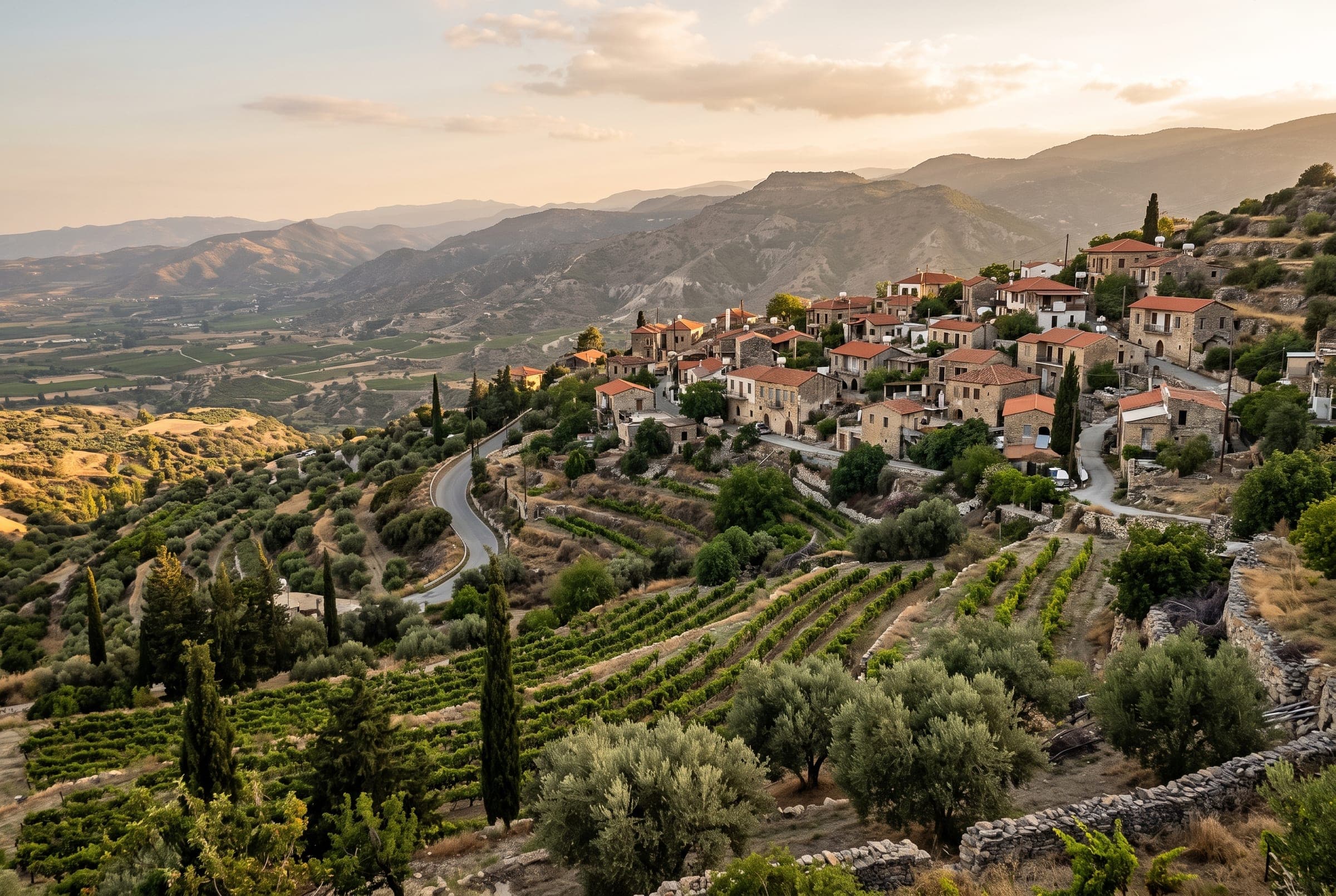 The hillside village setting at Stroumbi in Paphos District, seen across vineyards and olive groves