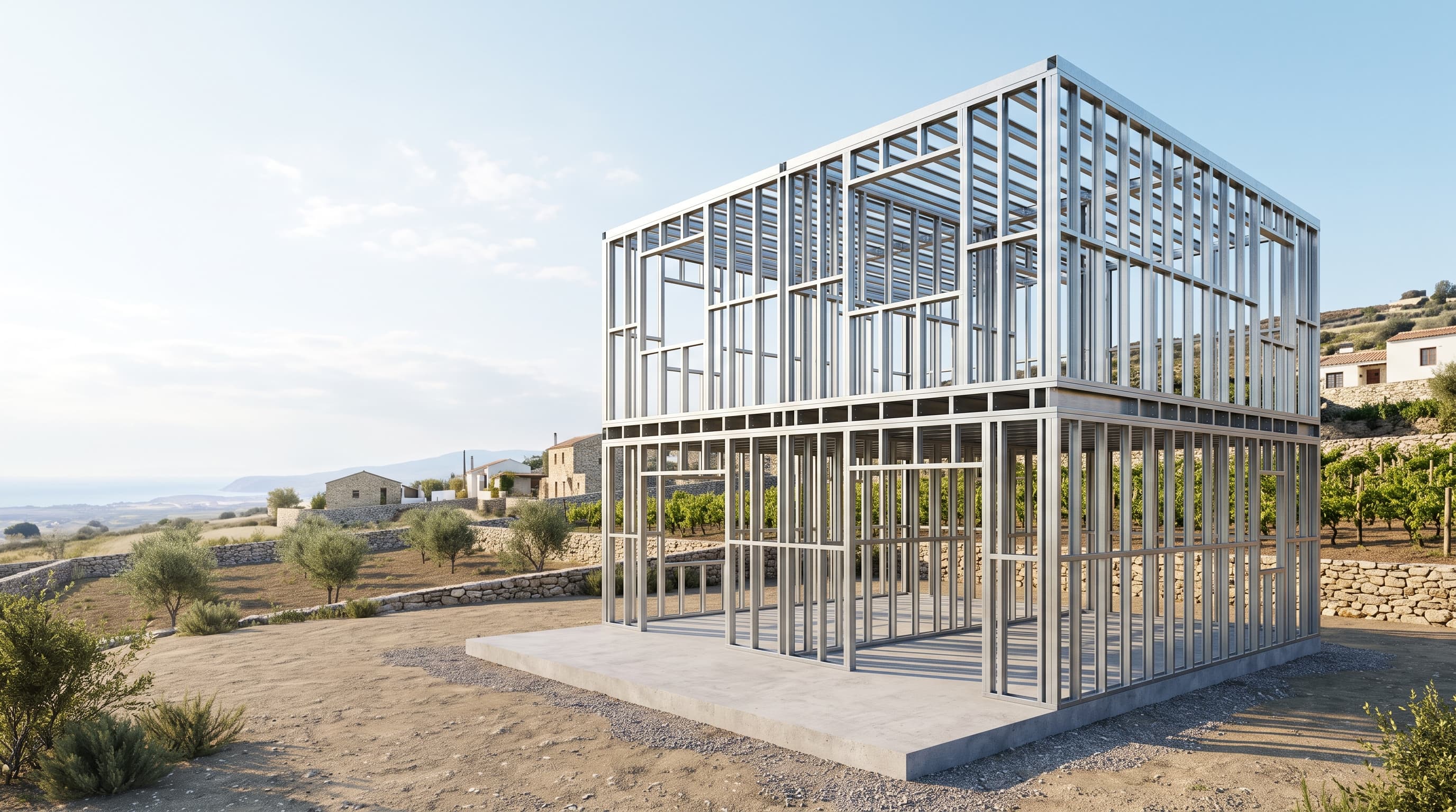 Visualisation of a two storey house at frame stage: a galvanised light gauge steel frame standing on its concrete slab before the walls are closed